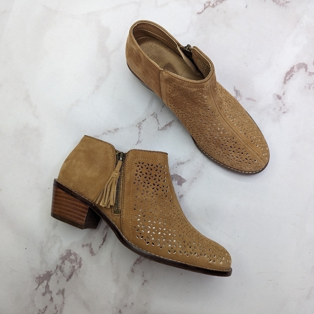 Vionic Bootie Women 6.5 Brown Suede Caramel Daytona Ankle Zip Perforated Tassel